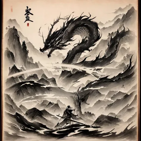 a painting of a dragon and a man on a boat in a river