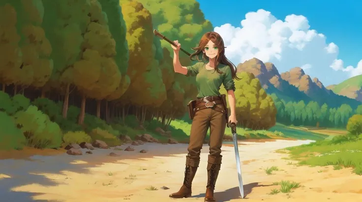 (landscape:1.4), (forest:1.2), valley, 1girl, belt, blue_sky, blush, boots, (small breasts), brown_hair, cloud, day, facial_hair, green_eyes, hand_on_hilt, hand_on_hip, (green shirt:1.3), (brown pants:1.3), long_hair, orange_hair,realistic, ,shirt, sky, sm...