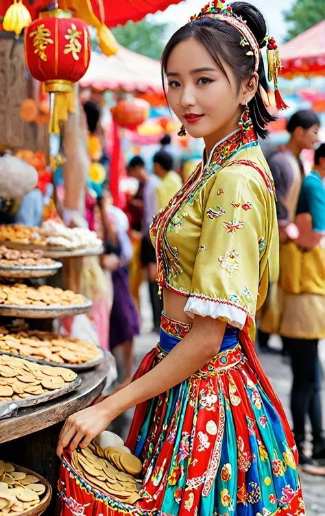 cinematic photo of chinese,1girl,<lora:yaya_XL_1_-000005:1>,yaya,gypsy costume, colorful skirts, coin accessories, cultural fair,reading,bakery,, 35mm photograph, film, bokeh, professional, 4k, highly detailed