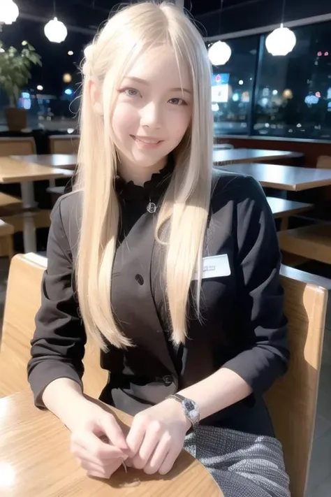 (8k, best quality, masterpiece:1.2), (realistic, photo-realistic:1.37), ultra-detailed, 1 girl,cute, solo,beautiful detailed sky,detailed cafe,night,sitting,dating,(nose blush), sitting before a table, table with afternoon tea, (smile:1.15),(closed mouth) ...