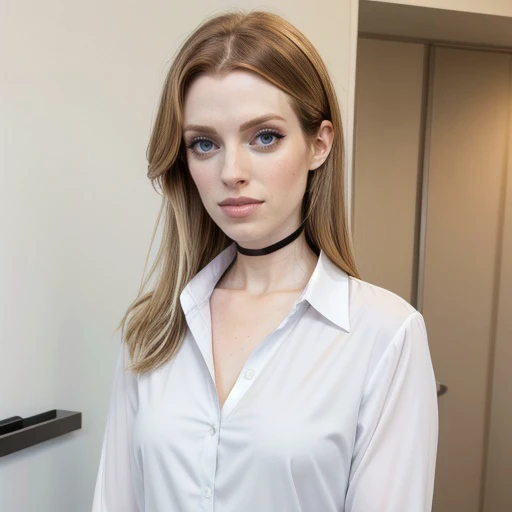 a close up of a woman in a white shirt and black choker