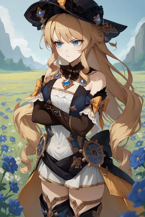 score_9, score_8_up, 1girl,  <lora:wrenchnavia:0.9> ginavia, source_anime, elbow gloves, thigh boots, pout, crossed_arms, blue flowers, flower field