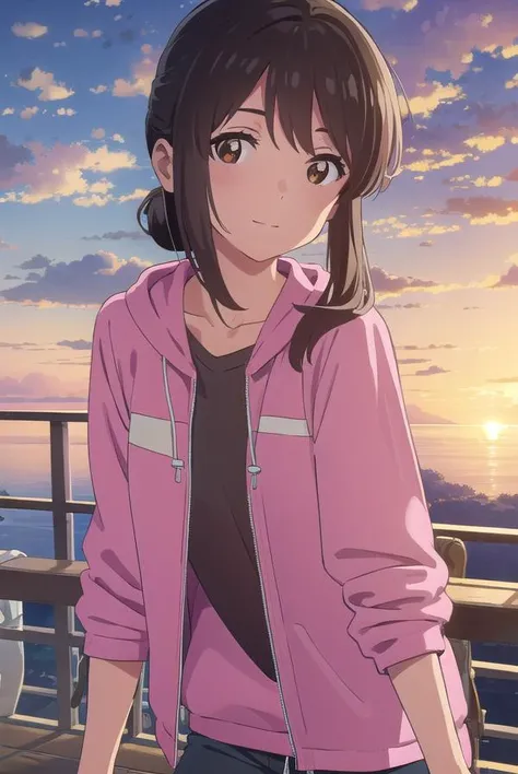 mitsuhamiyamizu, <lora:mitsuha miyamizu movie-lora-nochekaiser:1>,
mitsuha miyamizu, black hair, (brown eyes:1.5), smile,
BREAK medium hair, ponytail, sidelocks, jacket, (pink jacket:1.5), hoodie, zipper, track pants, blue pants,
BREAK outdoors, nature, fo...