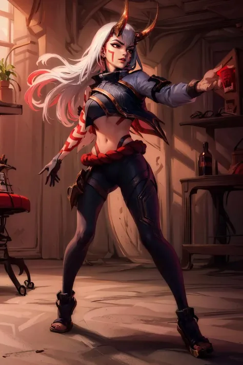 (masterpiece, best quality:1.2), intricate details, <lora:inkshadow_kaisa:1>, inkshadow kaisa, 1girl, (multicolor hair, red hair, white hair), bangs, long hair, facial mark, crop top, tattoo, horns, full body,