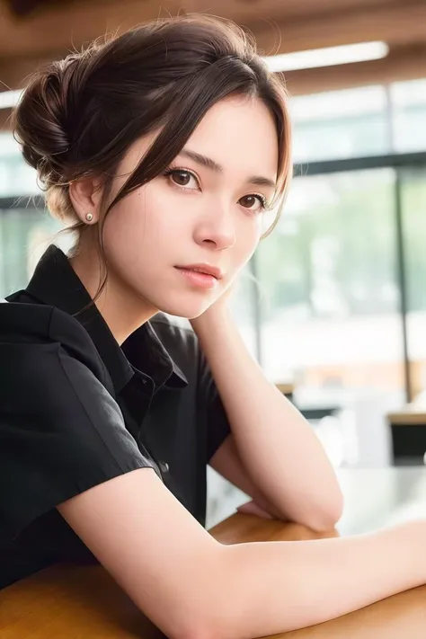 a close up of a woman sitting at a table with a cell phone