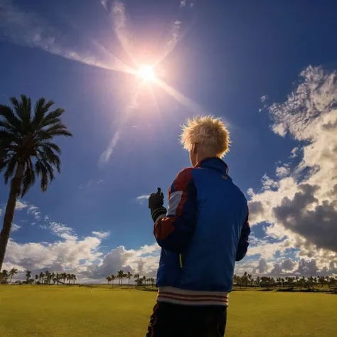 <lora:TheNightFeeling2:1.0>, thenightfeeling,a palm tree with the sun shining through the clouds in the background and a blue sky with clouds and sun, 1boy, adjusting clothes, adjusting gloves, blonde hair, fingerless gloves, gloves, jacket, male focus, re...