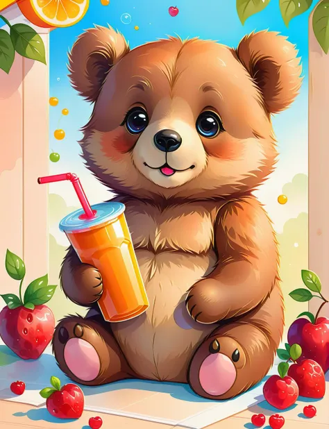 there is a teddy bear holding a glass of orange juice