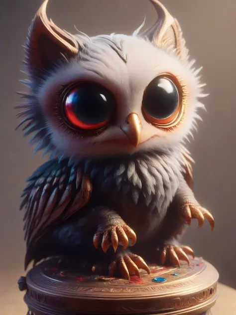 a close up of a small owl with big eyes on a table