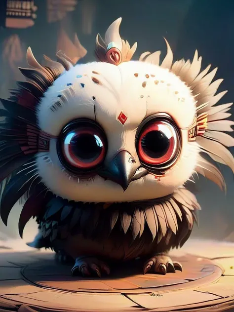 a close up of a small owl with big eyes and a bird on its head