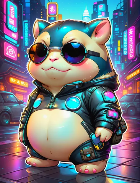 <lora:SDXLCutePets:1> cutepets, an adorable super cute kawaii cyborg snorlax, cyberpunk, wearing sunglasses, leather jacket,  high quality, digital art illustration, neon city background, sticker art