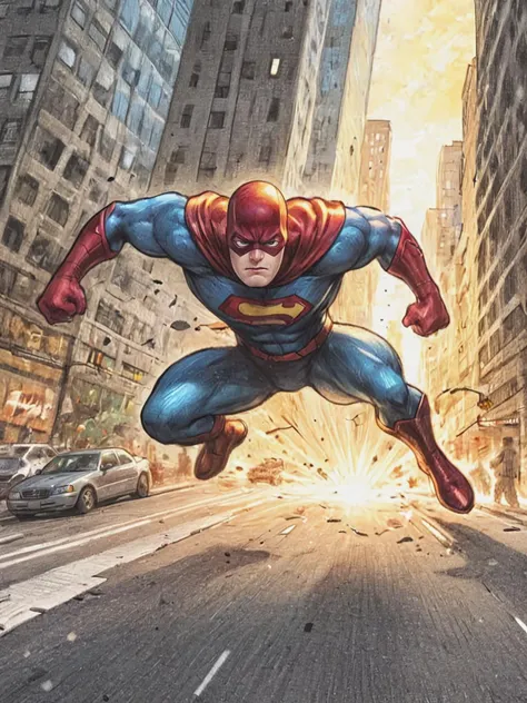 a close up of a superman flying through the air over a city