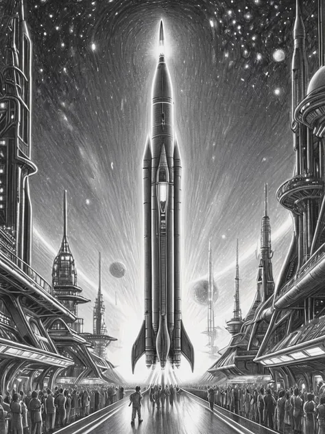 a drawing of a space station with a rocket and people