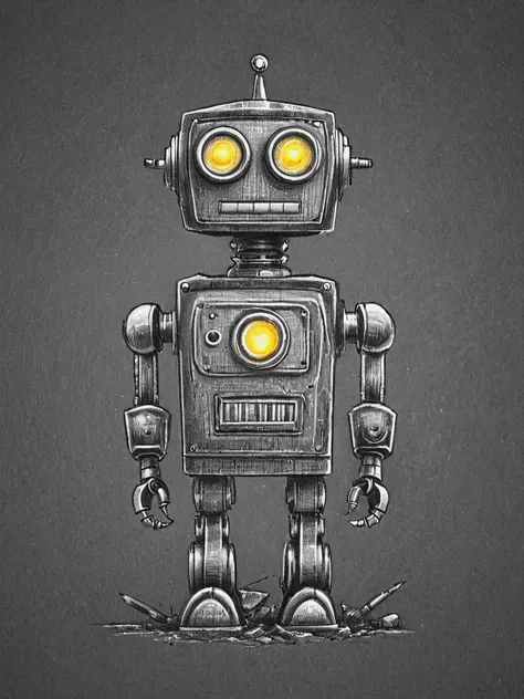 a close up of a robot with yellow eyes on a black background