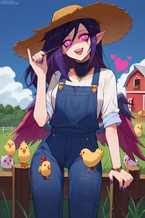 a cartoon picture of a woman in overalls and a straw hat