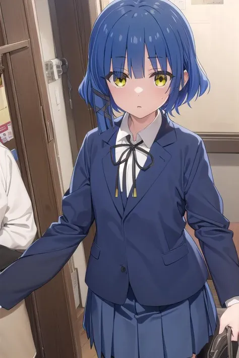 ryouyamada, <lora:ryou yamada s1-lora-nochekaiser:1>, 
ryou yamada, blue hair, eyes visible through hair, mole, mole under eye, short hair, (yellow eyes:1.3), hairclips,
BREAK black pantyhose, black ribbon, blue skirt, brown footwear, loafers, long sleeves...