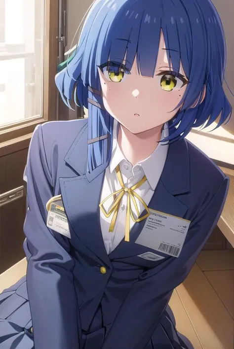 ryouyamada, <lora:ryou yamada s1-lora-nochekaiser:1>, 
ryou yamada, blue hair, eyes visible through hair, mole, mole under eye, short hair, (yellow eyes:1.3), hairclips,
BREAK black pantyhose, black ribbon, blue skirt, brown footwear, loafers, long sleeves...