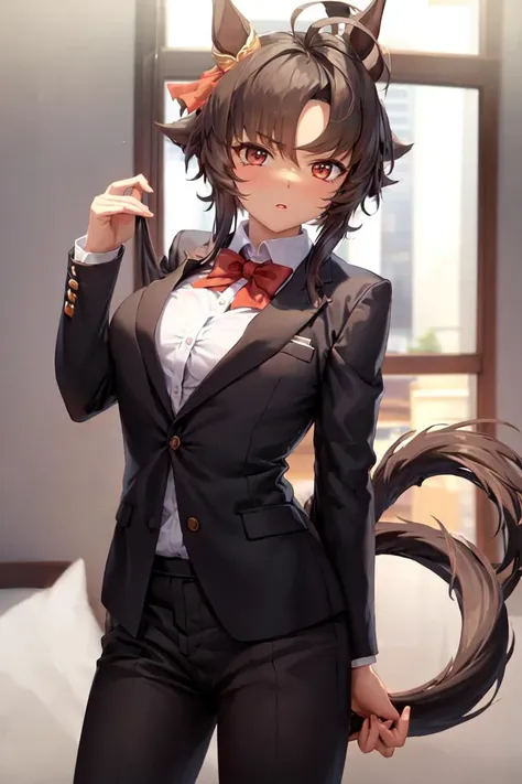 anime girl in a suit and cat ears posing for a picture