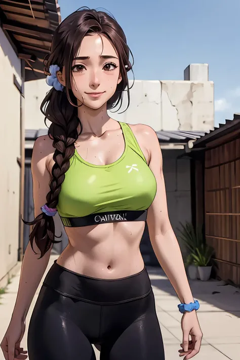 masterpiece, best quality, 8k photoshoot, cowboy shot, 18yo woman, animemomhair, brown hair, brown eyes, scrunchie, sports bra, yoga pants, sweatband, single braid, smile, sweat, sweating, sweaty, <lora:AnimeMomHair:0.8>