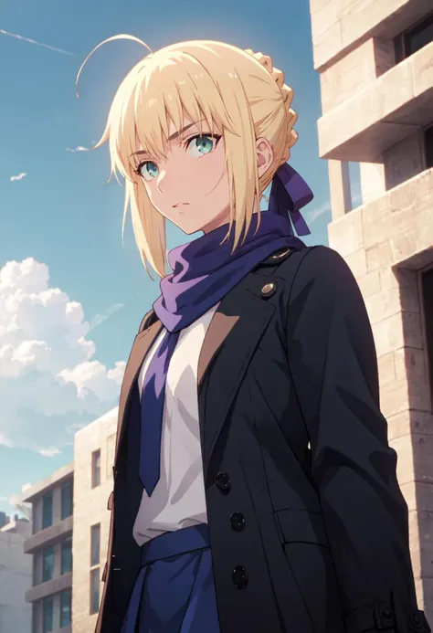 best quality, masterpiece, highres, solo, (saber_fatestaynightufotable:1.10), 1girl, official alternate costume, blue scarf, coat, outdoors, cloud, looking at viewer, sky, blue skirt, day, upper body, anime_style, 11 <lora:saber_fatestaynightufotable:0.80>