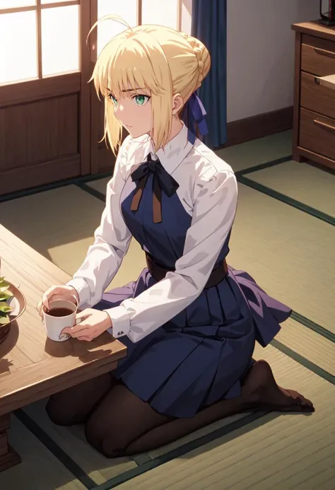 best quality, masterpiece, highres, solo, (saber_fatestaynightufotable:1.10), 1girl, indoors, long sleeves, tatami, seiza, pantyhose, blue skirt, table, white shirt, hair bun, cup, zabuton, anime_style, 12 <lora:saber_fatestaynightufotable:0.80>