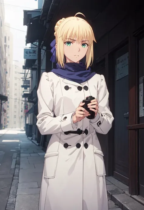 best quality, masterpiece, highres, solo, (saber_fatestaynightufotable:1.10), 1girl, blue scarf, coat, official alternate costume, anime coloring, outdoors, single hair bun, anime_style, 7 <lora:saber_fatestaynightufotable:0.80>