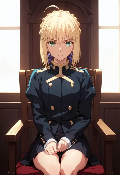 (safe:1.10), best quality, masterpiece, highres, solo, (saber_fatestaynightufotable:1.10), sitting, sitting on chair, chair, cowboy shot, looking at viewer, anime_style, 35 <lora:saber_fatestaynightufotable:0.80>