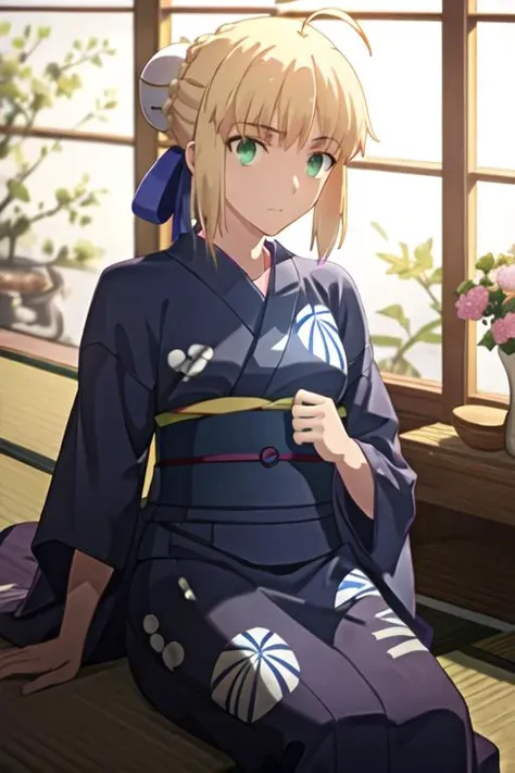 best quality, masterpiece, highres, solo, {yukata:1.40}, {kimono:1.20}, {saber_fatestaynightufotable:1.15}, blonde_hair, ahoge, green_eyes, ribbon, hair_ribbon, braid, blue_ribbon, short_hair