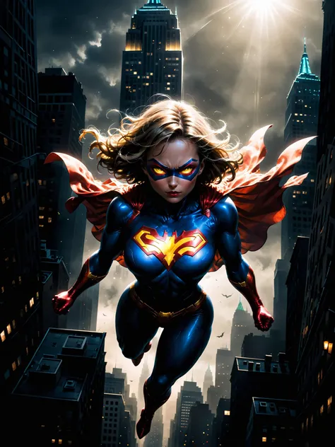 female superhero floating above New York City, arms covered In glowing energy
dark, chiaroscuro, low-key