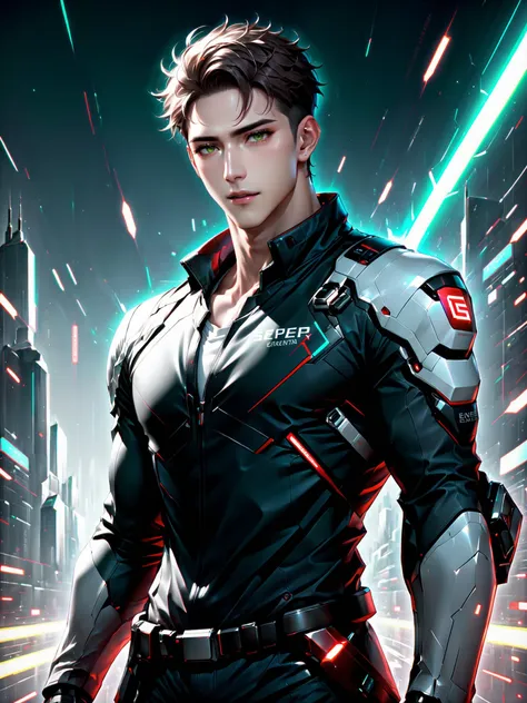 a man in a futuristic suit standing in front of a city