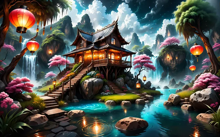 photograph style, vibrant natural colors, view from below, mythical wonderland oasis with fluffy clouds above and waterfalls pouring from rocks, dark atmosphere, flower trees, lanterns, crystal clear water, (cozy small fantasy wooden house in center), chim...