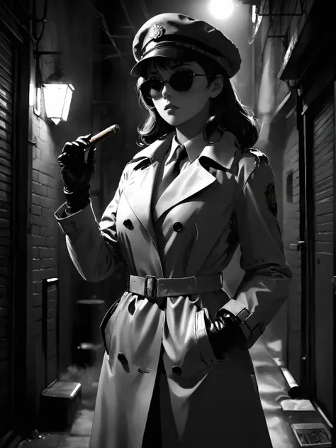 arafed woman in trench coat smoking a cigarette in a dark alley