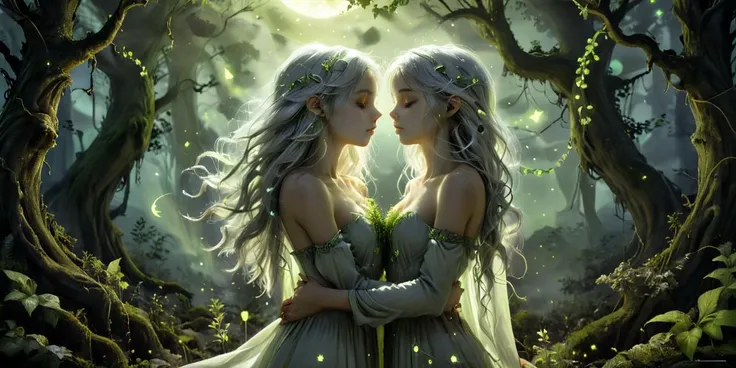 A young woman with silver hair, draped in moss-green and adorned with vines, stands in a moonlit forest clearing. bioluminescent flora whispers secrets beneath ancient trees reaching for the starry sky. Capture the wonder, awe, and connection in this ether...