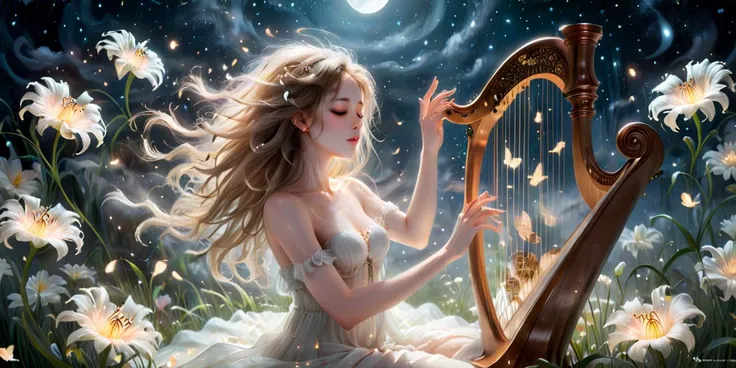 a woman in a white dress playing a harp in a field of flowers