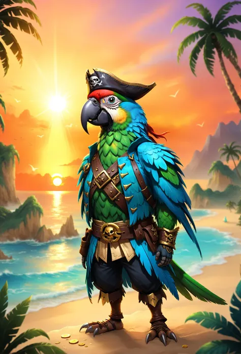 a parrot with a pirate hat and a pirate costume standing on a beach