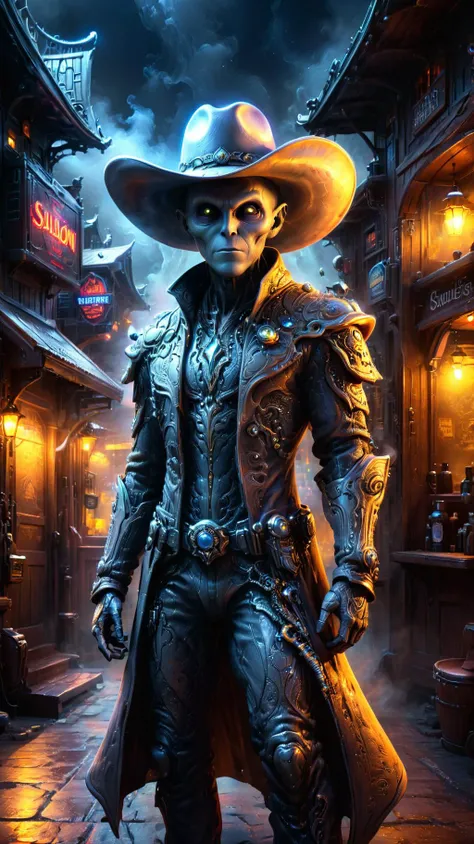 A masterful digital fantasy painting of a grey alien, (dressed as a cowboy:1.3), in front of a sci fi saloon, high contrast, intense lighting,  8k, 32k, award winning, high quality, best quality, extremely detailed, dark mysterious and smoky background, ep...