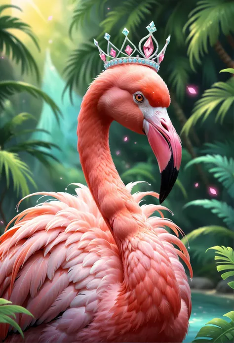 digital storybook illustration, textured brushwork,  aesthetic, (flamingo  wearing  tiara),  c0l0r, sharp focus, low detail, blurry foreground, 8k resolution, <lora:Style_soph-IllustriousStorybook-SDXL:0.8>