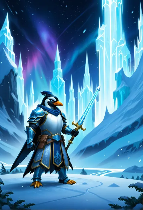 digital storybook illustration, textured brushwork, fantasy character, penguin knight, icy duel, frost armor, snowy battlefield, midnight aurora
 c0l0r,  <lora:Style_soph-IllustriousStorybook-SDXL:0.8> sharp focus, low detail, blurry foreground, 8k resolut...