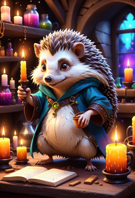 digital storybook illustration, textured brushwork, fantasy character, hedgehog alchemist, potion brewing, cluttered workshop, glowing concoctions, night candles
 c0l0r,  <lora:Style_soph-IllustriousStorybook-SDXL:0.8> sharp focus, low detail, blurry foreg...