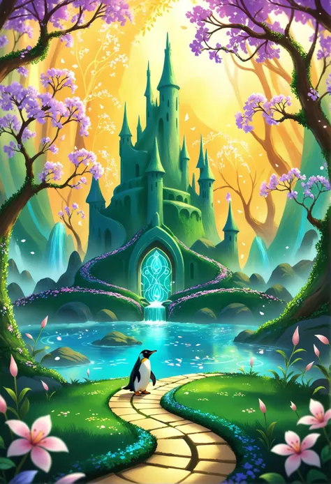 digital storybook illustration, textured brushwork, ancient, mysterious, penguin, Amidst a realm of enchantment, a secret garden reveals, its mesmerizing blossoms and winding paths leading to hidden wonders, Creating lens artifacts  c0l0r, sharp focus, low...