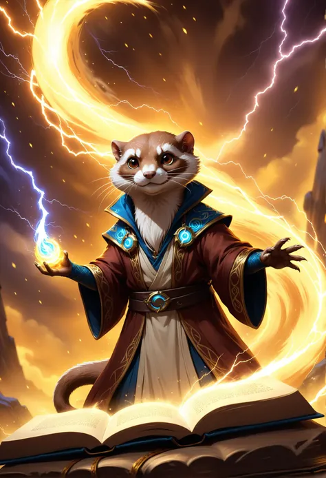 digital storybook illustration, textured brushwork, fantasy character, stoat sorcerer, arcane magic, swirling wind and lightning, ancient tome, glowing eyes
 c0l0r,  <lora:Style_soph-IllustriousStorybook-SDXL:0.8> sharp focus, low detail, blurry foreground...