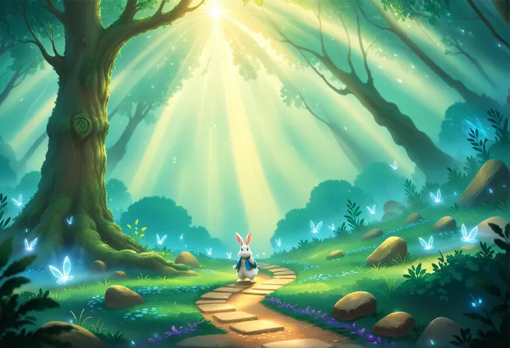 digital storybook illustration, textured brushwork, rabbit A pathway of floating stones leading through a misty, enchanted forest, ethereal, with rays of morning light creating a mystical atmosphere c0l0r, sharp focus, low detail, blurry foreground, 8k res...