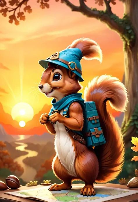 digital storybook illustration, textured brushwork, fantasy character, squirrel scout, oak tree lookout, acorn helmet, map in paw, sunset backdrop
 c0l0r,  <lora:Style_soph-IllustriousStorybook-SDXL:0.8> sharp focus, low detail, blurry foreground, 8k resol...