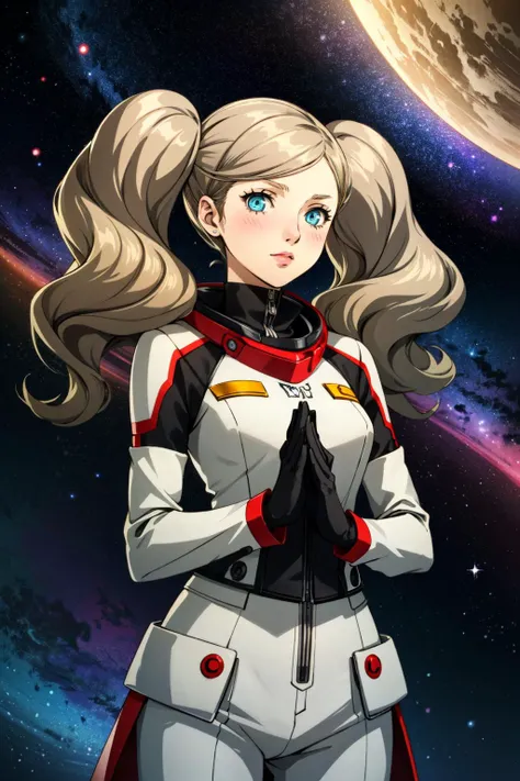 ((masterpiece, best quality))
<lora:Persona5AnnTakamaki:0.8>
Persona5AnnTakamaki, 1girl, solo, twintails, blue eyes, blonde hair, blush, inside a futuristic space station, stars and space background, standing straight with hands clasped behind