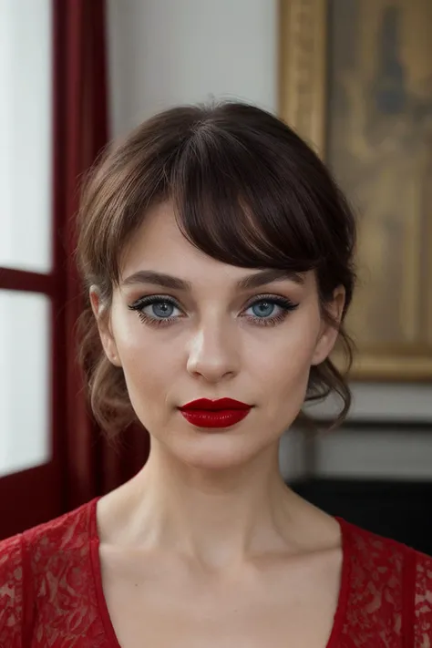 A photo of a french girl, 33 years old, in her paris penthouse, ((looking at viewer)), delicate face features, artsy woman, (mascara, eyeliner, red lipstick), blue eyes,