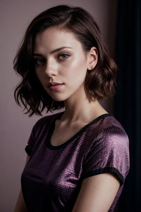 photo of (blw1d0w-135:0.99), closeup portrait, perfect short hair, (modern photo, Apricot graphic tee), 24mm, (analog, cinematic, film grain:1.3), ((plain Pastel Purple background, natural light, illuminated:1.1)), detailed eyes, (seductive pose), (epicPho...