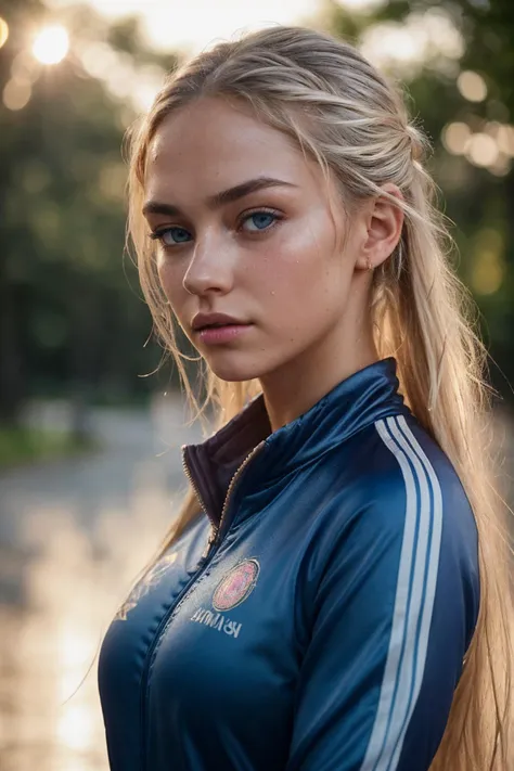 a close up of a woman with long hair wearing a blue jacket