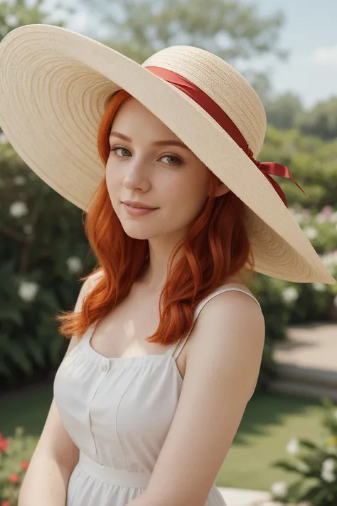 A close-up shot of a red head woman with a serene expression, wearing a white sundress and a wide-brimmed hat, The background should be out of focus and feature a lush garden setting