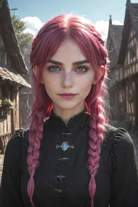 1girl,blue sky,(hair bangs), (pink hair:1.4), medieval maid, braids, pink hair, front view,full body, goth makeup, petite, perfect small nose, bright picture, (cute elf girl, pointy ears, light freckles, beautiful), elf, fit girl, smile, facing the camera,...