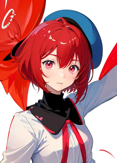 masterpiece, best quality, cute anime girl, arima kana, big round eyes, vibrant red hair, innocent face, wearing a small blue beret on the side of her head, dark pink eyes, curious face, ((short hair)), <lora:arimaKanaOshiNoKo_kanaDiffusionMixV3:1>