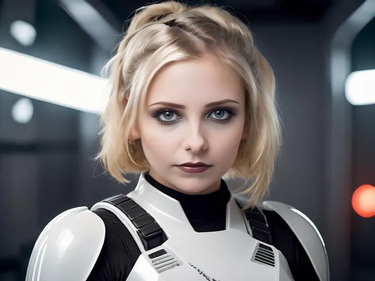 beautiful gothic woman, blonde hair, wearing futuristic storm trooper bodyarmor,  RAW photo, (highly detailed skin:1.2), 8k uhd, dslr, soft lighting, high quality, film grain, Fujifilm XT3,  looking at viewer, perfect face, perfect eyes, smiling, sharp foc...